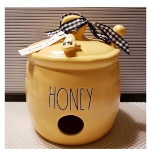 NEW Rae Dunn 'Honey' Honey Pot Shaped Bird House with Bee & Dipper Handle Figure
